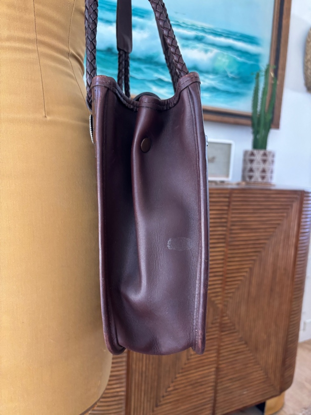 Dark Brown Brighton Woven Leather Tote Bag with Braided Handles & Heart Charm - Picture 5 of 15